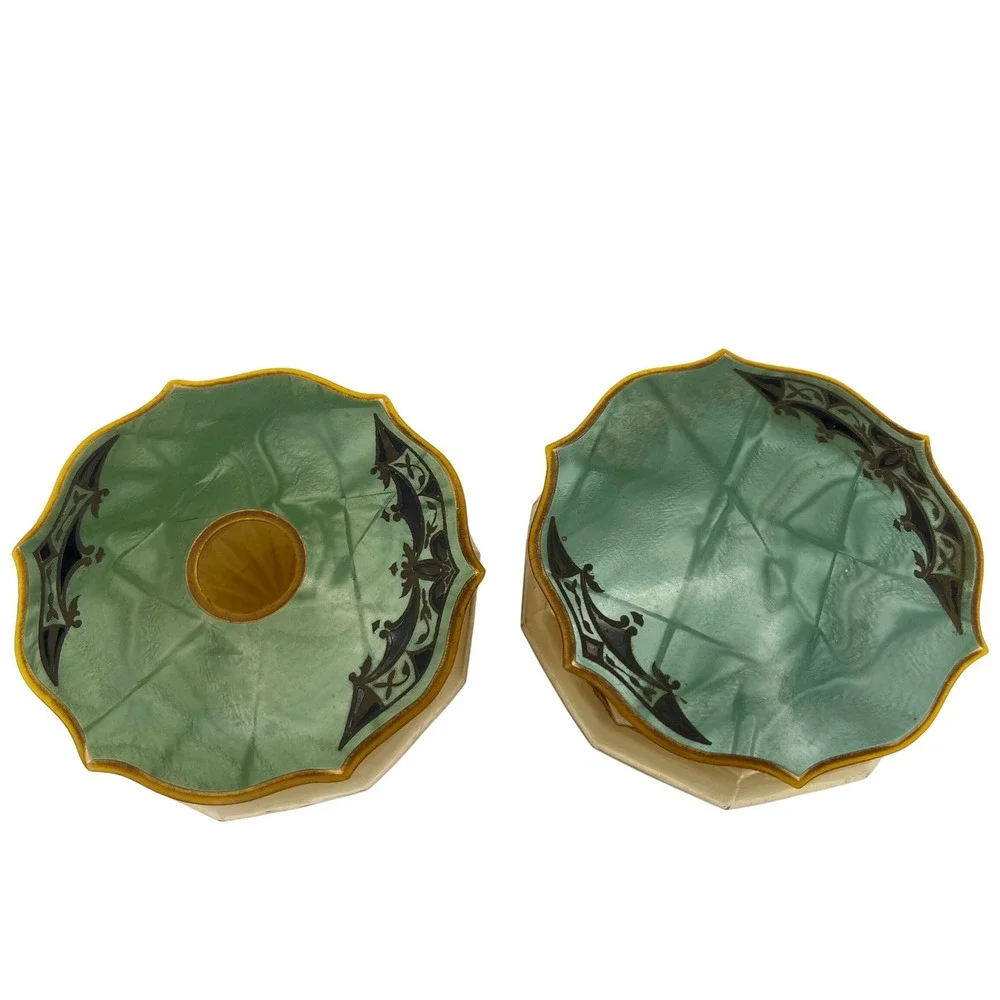 Art Deco Amber Glass Vanity Jar Set with Green Celluloid Lids